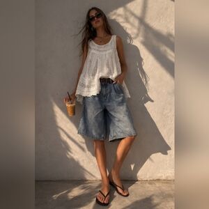 Cotton Lace Eyelet Split-back Sleeveless Blouse Medium White